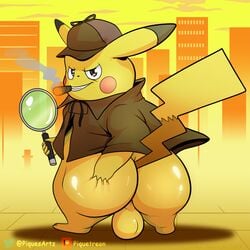  1boy anthro ass ass_grab barefoot big_butt black_eyes bottomless cigar city clothed clothing deerstalker deerstalker_hat detective detective_pikachu detective_pikachu_(series) furry hand_on_butt hat headwear long_ears looking_at_viewer looking_back magnifying_glass male male_only mammal mostly_nude nintendo outside pikachu pok&eacute;mon_(species) pokemon pokemon_detective_pikachu portrait presenting presenting_hindquarters rodent shirt smile smoke smutty-smeargle solo standing teeth testicles text thick_thighs video_games watermark yellow_fur 