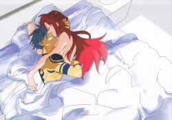  1boy 1girls blue_hair breasts closed_eyes couple cuddling embrace female grin hand_on_another&#039;s_head hug in_bed kamina long_hair male nude on_bed on_side red_hair smile tan_skin tattoos tengen_toppa_gurren_lagann topless wholesome yoko_littner 