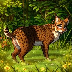  1:1 ai_generated anus bobcat brown_body brown_eyes brown_fur colored detailed detailed_background ear_tuft felid feline female feral fur genitals hi_res lungfish1223 lynx mammal presenting pussy raised_tail solo solo_feral spots spotted_body spotted_fur tongue tongue_out tuft white_body 