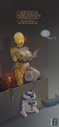  2022 ambiguous_gender bathing blackrosette breasts c-3po dialogue droid duo english_text female genitals glowing glowing_eyes gold_body hi_res humanoid machine metallic_body mtf_crossgender nipples not_furry nude pussy r2-d2 robot robot_humanoid rule_63 speech_bubble standing star_wars text unseen_character yellow_eyes 