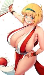  1girls ahoge alternate_breast_size alternate_version_available armpits bangs bare_arms bare_shoulders big_breasts blonde_female blonde_hair blue_eyes blush breasts cleavage clenched_teeth clothing collarbone cosplay curvy eyebrows_visible_through_hair eyelashes fan fatal_fury female female_focus female_only flower_petals folding_fan grin hair_ornament hairband hand_fan hand_on_hip highres hips hosokawa_miki huge_breasts human jigoku_sensei_nube king_of_fighters large_breasts light-skinned_female light_skin mai_shiranui mai_shiranui_(cosplay) medium_hair nipple_bulge nipples_visible_through_clothing parted_lips pekoneko_(pekoneco) pinup revealing_clothes shiny_skin short_hair sideboob simple_background skimpy smile smug solo solo_female teal_eyes teeth thick_thighs thighs voluptuous white_background wide_hips wristband 