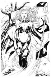  2022 big_breasts breasts chaos_comics coffin_comics death_(personification) dominant_female ed_benes_studio goddess grim_reaper hi_res highres holding_scythe holding_skull lady_death large_breasts latex_suit leo_matos long_hair looking_at_viewer monochrome queen_of_the_dead scythe seductive_look skin_tight skull 