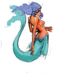  gills head_fins headfins mermaid monster_girl purple_hair simple_background sketch tan topless 