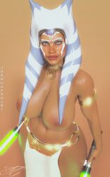 1girls 3d aged_up ahsoka_tano alien alien_girl areolae armlet armwear big_breasts big_lips blue_eyes breasts colalr eyelashes eyes facial_markings female female_only femsub front_view green_lightsaber headband headgear high-angle_view horn joshuaproart large_areolae lightsaber lips loincloth looking_at_viewer looking_up looking_up_at_viewer markings neckwear nipples open_eyes orange_background orange_body orange_skin rosario_dawson shine slave slave_bikini slave_leia_(cosplay) slave_outfit solo standing star_wars submissive sword tentacle_hair thick_thighs thighs togruta topless topless_female voluptuous voluptuous_female white_markings wide_hips