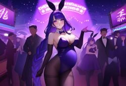  ai_generated black_pantyhose blowing_kiss casino detached_collar elbow_gloves fake_rabbit_ears female_focus genshin_impact large_breasts looking_at_viewer night people_in_background pregnant purple_bowtie purple_eyes purple_gloves purple_hair purple_leotard raiden_shogun standing thighband_pantyhose very_long_hair 