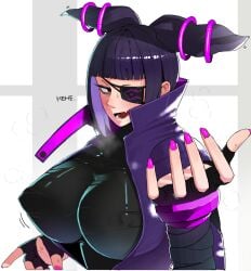  1girls bangs black_hair blunt_bangs blush breath drill_hair eye_patch female female_only fingerless_gloves fully_clothed gloves hehe human juri_han latex nail_polish nipple_bulge ohasi open_mouth open_smile perky_breasts pink_nails sidelocks skin_tight smile smirk solo street_fighter sweat twin_drills upper_body 