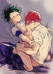  2boys abs anal anal_penetration anal_sex ass bare_chest bare_legs bed bite_mark blush bodily_fluids bottomless chest closed_eyes cum curly_hair embarrassed embarrassed_male freckles frizzy_hair gay gay_sex green_hair indoors izuku_midoriya legs legwear muscle my_hero_academia nipple_sucking nipples nude on_bed penetration penis red_hair scar semen shouto_todoroki sitting sports_uniform sucking_nipples sweat tears teenage teenage_boy teenager white_hair white_shirt yaoi young 