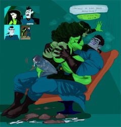  1boy 1boy1girl 1girl1boy 1girls after_anal alternate_body_type alternate_muscle_size anus ass_grab big_hair blue_skin bodysuit chair collar_grab couple cum dialogue dr._drakken drake earrings gloves green_bodysuit green_hair green_skin grin huge_ass huge_cock kim_possible lips multicolored_clothes muscular_female muscular_male shego sitting speech_bubble straight straight_hair sweat thick_thighs torn_clothes unhealthydoc used_condom 