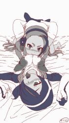  2girls ahe_gao areolae barefoot bed_sheet black_hair blush breast_sucking breasts dot_nose emperor_penguin_(kemono_friends) eyebrows eyelashes feet female female_only female_pervert giant_penguin_(kemono_friends) grabbing gradient_hair grasping_sheets grey_hair headphones high_resolution hoodie jacket kemono_friends leg_lock leotard long_hair looking_at_viewer looking_pleasured lying lying_on_person masuyama_ryou medium_breasts mittens monochrome multicolored_hair multiple_girls mutual_yuri nipple_sucking nipples on_back one_eye_covered open_clothes sheet_grab sheets sidelocks simple_background smile streaked_hair sucking thick_eyebrows thighhighs tongue tongue_out torogao white_background white_sheets yuri 
