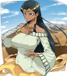  1girls big_boobs big_breasts black_hair blue_eyes clothed_female clouds colored dark-skinned_female dark_skin desert egyptian female female_only golden_bracelet isis_ishtar long_hair necklace sand sky solo_female spacezin uncensored voluptuous yu-gi-oh! 