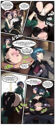  2girls 2girls1boy ass_expansion ass_shot belly_expansion big_belly big_breasts blue_hair blush body_writing breast_expansion burp burping bursting_clothes byleth_(fire_emblem) byleth_(fire_emblem)_(male) cleavage comic corset couple digestion english_text femdom fire_emblem fire_emblem:_three_houses garreg_mach_monastery_uniform gloves green_hair groping_belly groping_from_behind hilda_valentine_goneril implied_vore navel nintendo open_jacket pants pink_hair post_vore purple_eyes ripped_clothing rubbing_belly same_size_vore shamir_nevrand short_hair signature stomach_bulge stomach_noises swallowed_whole swallowing tally tally_marks text thick_thighs tsavo twintails vore weight_gain 