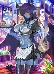  blue_skin demon demon_(monster_girl_encyclopedia) demon_girl demon_horns demon_tail demon_wings female huge_ass huge_breasts maid maid_uniform monster_girl monster_girl_encyclopedia navel olalehee succubus thick_thighs tray waitress wide_hips 
