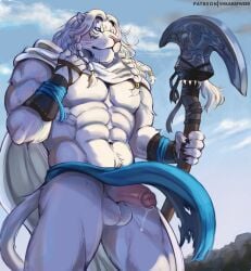  1boy 2022 abs ajani_goldmane anthro armor axe balls ballsack biceps big_muscles bodily_fluids bottomwear bracers braided_mane cape catfolk claws clothed clothing cloud day dripping erection felid fur genital_fluids genitals hasbro holding_object holding_weapon humanoid_genitalia humanoid_penis leonine lion loincloth low-angle_view magic:_the_gathering male male_only mammal mane melee_weapon mostly_nude_male mountain muscular muscular_anthro muscular_male navel obliques outside pantherine pecs penis precum precum_drip scrotum sky solo standing testicles topless topless_anthro topless_male tuft vhkansfweer weapon whiskers wizards_of_the_coast 