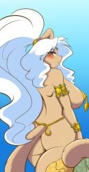  1girls 2016 anthro armlet ass beige_fur belly_dancer belly_dancer_outfit blue_eyes blush cat_ears cat_girl cat_tail catgirl dancer dancer_outfit female female_only femsub furry gold_pasties harem_girl harem_outfit huge_breasts kamala_mocana long_hair looking_at_viewer looking_back mastergodai original original_character solo submissive_female voluptuous white_hair 