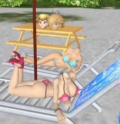  2girls 3d bikini blonde_hair disembodied disembodied_head dullahan female_only headless heeled_sandals inviting inviting_to_sex large_ass large_breasts laying_down laying_on_stomach mario_(series) natural_body_magic nbm nintendo princess_peach princess_rosalina sandals 