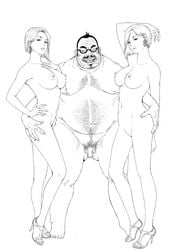  1male 2girls amber_bailey ass_grab asymmetrical_hair beard_stubble breasts censored character_request crazy_smile crystal_bailey dead_rising dead_rising_2 earrings facing_viewer fat_man female full_body glasses high_heels highres human jewelry large_breasts line_art long_hair looking_at_viewer medium_breasts monochrome mosaic_censoring multiple_girls mustache naked_footwear naked_heels neckbeard nipples nude open_mouth randall_tugman randy_tugman short_hair siblings simple_background sisters sketch soul_patch standing stubble sww13 twins ugly_bastard ugly_man white_background 
