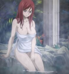  1girls brown_eyes curvaceous erza_scarlet fairy_tail female female_only onsen red_hair solo towel 