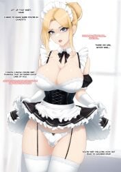  1boy 2024 blonde_hair blue_eyes bulge chastity_cage color earrings english_text fake_breasts feminization french_maid french_text hairbun jesscatg lipstick maid maid_uniform sissy text white_gloves 