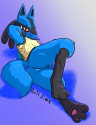  absurd_res anthro armpit_tuft ass black_body black_fur black_legs blue_body blue_fur blush breasts canid canine canis clitoris feet female fur generation_4_pokemon genitals half_dime hi_res jackal lucario lying mammal nervous_smile nintendo nipples on_side pawpads pink_nipples pink_pawpads pokemon pokemon_(species) presenting presenting_hindquarters pussy raised_arm raised_leg red_eyes smile smiling_at_viewer solo solo_focus tail toes yellow_body yellow_fur 