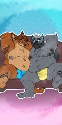  2022 anthro axel_(axelthewerewolf) beard belly big_belly black_nose blue_eyes bodily_fluids brown_body bulge canid canine canis clothing disney duo el_booki facial_hair feet fox gideon_grey hi_res male male/male mammal moobs moustache musk navel nipple_piercing nipples overweight overweight_male sitting sweat underwear wolf zootopia 