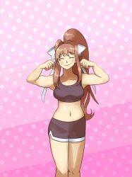  1girls abs animated belly_button biceps big_muscles biker_shorts bra breasts brown_hair doki_doki_literature_club female female_only fit fit_female gif hair hair_bow hair_ribbon kinkkaboose large_muscles long_hair monika_(doki_doki_literature_club) muscle_growth muscular muscular_female navel smile smiling solo solo_female thighs workout_clothes 