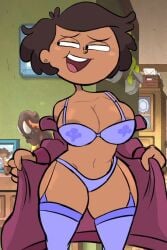  1girls amphibia areola_slip areolae big_breasts bra breasts cleavage clothing dark-skinned_female dark_skin disney disney_channel garter_straps instantnudeles lingerie looking_away milf mrs._boonchuy navel open_mouth oum_boonchuy panties robe short_hair solo straight_hair thai thick_thighs thighhighs undressing 
