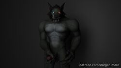  anthro black_background blizzard_entertainment blue_eyes canid claws dark fur genitals glowing glowing_eyes grey_body grey_fur heterochromia hi_res holding_penis looking_at_viewer male male/male mammal narganimare orange_eyes penis red_penis simple_background solo teeth_visible threatening video_games warcraft were werecanid worgen world_of_warcraft 