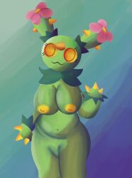  anthro areola ass big_breasts blush bodily_fluids breasts chubby cute elemental_creature fat fauna female flora genitals green_body huge_ass huge_breasts incapacity maractus nipples overweight overweight_female plant pok&eacute;mon_(species) pokemon puffy_areola puffy_nipples solo sweat thick_thighs video_games 