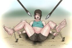  amniotic_fluid bad_end closed_eyes clothing_birth crying filthy fuccbou fully_clothed humiliated humiliation jungle labor lara_croft lara_croft_(survivor) on_back panty_birth peril pregnant public ready_to_pop restrained screaming spear tied_up tomb_raider water_breaking water_broke wrists_tied 