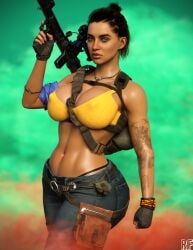  1girls abs absurd_res big_ass big_breasts breasts brown_hair cleavage curvaceous curvy dani_rojas dani_rojas_(female) dark-skinned_female dark_skin far_cry far_cry_6 female female_only green_eyes hi_res huge_ass huge_breasts large_ass large_breasts looking_at_viewer muscular muscular_female rude_frog solo standing tan-skinned_female tan_skin thick_thighs thighs thong toned_female tongue visible_underwear weapon whale_tail wide_hips 