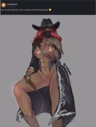  abs breasts breasts_out calamity_(fortnite) clothed clothing cowgirl cowgirl_hat cowgirl_outfit epic_games fortnite fortnite:_battle_royale khanigore looking_at_viewer mask masked masked_female mostly_nude open_clothes pink_hair pussy whip 