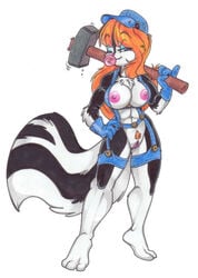  breasts bubble bubble_gum color countershading female gloves hair hammer hat melee_weapon natasha_cat nipples pinky_out pussy skunk solo tail war_hammer weapon 