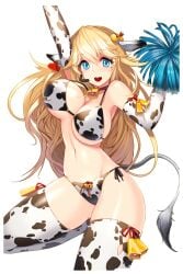  animal_ears animal_print arms_up bell bikini blonde_hair blue_eyes blush bouncing_breasts breasts cheerleader choker cow_ears cow_girl cow_print cow_tail cowbell ear_tag elbow_gloves female gloves highres large_breasts long_hair mole mumu_(soccer_spirits) navel neck_bell open_mouth pom_pom_(cheerleading) side-tie_bikini simple_background smile snowball22 soccer_spirits solo swimsuit tail thighhighs very_long_hair water 
