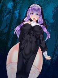  1futa absurd_res big_breasts big_hips big_penis blush breasts bulge bulge_through_clothing cevio clenched_hand clothed clothing cock covered_nipples curvy curvy_body curvy_figure curvy_futa erection erection_under_clothes forest futa_only futanari highres hip_vent hisui_(stapspats) huge_cock human impossible_clothes light-skinned_futanari light_skin long_hair looking_at_viewer low-angle_view mostly_clothed nature navel night nipples no_panties nun open_mouth purple_eyes purple_hair socks solo solo_futa standing stapspats tenting thick_thighs thighhighs thighs vocaloid voiceroid white_socks yuzuki_yukari 