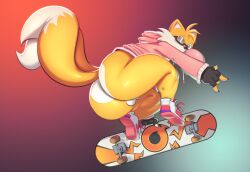  1boy anthro ass balls big_ass big_butt boots bottomless canid canine clothing eyewear femboy footwear fox genitals glasses gloves handwear hi_res hoodie huge_ass huge_butt looking_at_viewer male mammal penis sega simple_background skateboard solo sonic_(series) sonic_the_hedgehog_(series) tails thick_thighs topwear trashdrawy 