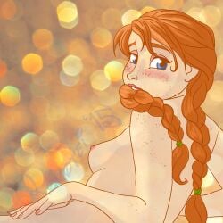  2015 :3 anna_(frozen) artist_name biting_hair blue_eyes blush cute disney female freckles frozen_(film) ginger ginger_hair hand_on_hip lokotei looking_at_viewer nipples nude nude_female pink_nipples red_hair twintails white_skin 