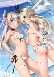  2girls amatsukaze_(kantai_collection) anchor_hair_ornament ass beach bikini blue_eyes blush bracelet breasts brown_eyes choker commentary_request contrapposto day female female_only front-tie_bikini_top front-tie_top hair_ornament hair_ribbon hand_on_hip highres holding_hands horizon interlocked_fingers jewelry kantai_collection layered_bikini light_brown_hair long_hair multiple_girls navel outdoors ribbon shimakaze_(kantai_collection) side-tie_bikini_bottom silver_hair small_breasts smile standing sweat swimsuit takanashi_kei_(hitsujikan) thigh_strap thong_bikini two_side_up white_bikini 