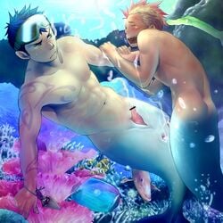  anus ass blue blush bubbles cum cum_inside erection fish gay hair male male/male male_only mentaiko merman muscles nipples nude open_mouth penis piercing swimming tail_fin tapering_penis tattoo topless underwater yaoi 
