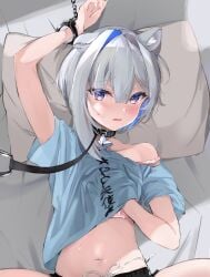  1girls absurd_res amane_kanata animal_ears blue_eyes blue_streak bra clothed clothing collar female grey_hair hand_in_shirt hand_on_breast handcuffs holoforce hololive hololive_japan shirt shorts suggestive virtual_youtuber 