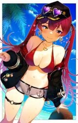 anchor_symbol bangs bare_shoulders baseball_cap beach bikini bikini_under_clothes black_headwear black_jacket blunt_bangs breasts coconut commentary day earrings eyewear_on_head feet_out_of_frame female hat heart heart-shaped_eyewear heart_earrings heart_necklace heterochromia highres hololive hololive_fantasy hololive_japan houshou_marine jacket jewelry long_hair looking_at_viewer navel necklace ocean off_shoulder outdoors palm_tree plain_222 red_bikini red_eyes red_hair short_shorts shorts sky smile solo sparkle standing swimsuit thigh_strap tree twintails virtual_youtuber water yellow_eyes