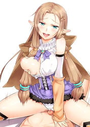  1boy bare_shoulders blue_eyes blush bow breast_slip breasts brooch brown_hair censored cowgirl_position dahlia_(rune_factory) detached_sleeves elf erect_nipples female fur_trim grinding hair_ornament hairclip jewelry jirou_(62sand3gemt9) large_breasts long_hair male_pubic_hair mosaic_censoring nipples one_breast_out outercourse panties penis pointy_ears pubic_hair pussy_juice_stain rune_factory rune_factory_3 self_fondle simple_background solo straddle underwear very_long_hair white_background white_panties 
