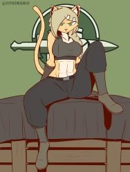  blonde_hair boots bra bridge_(the_man) clothed colonial_infantry foxhole:_persistant_online_warfare furry green_eyes jeans muscular muscular_female sitting smug the_man 