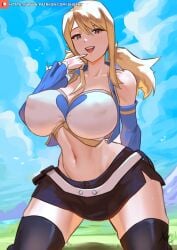  1girls 2022 barefoot big_breasts blonde_hair breasts brown_eyes fairy_tail feet_out_of_frame female female_only huge_breasts looking_at_viewer looking_down lucy_heartfilia pov pov_eye_contact thick_thighs xhaart 