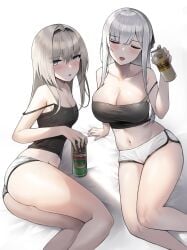  2girls ak-12_(girls&#039;_frontline) an-94_(girls&#039;_frontline) arm_support ass bangs bare_arms bare_legs bare_shoulders beer_can black_hairband blue_eyes blush breasts camisole can cleavage closed_eyes collarbone dolphin_shorts feet_out_of_frame female female_only girls&#039;_frontline hairband hei_d holding holding_can large_breasts long_hair looking_at_viewer lying multiple_girls navel on_side open_mouth reclining short_shorts shorts silver_hair simple_background small_breasts strap_slip tank_top white_background white_shorts 