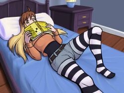  1girls 2022 amber_eyes assassination_classroom bed bed_sheet blush blushing_at_viewer book breezebender clothed clothed_female denim_shorts digital_media_(artwork) end_table female hairband hiding_face jean_shorts lamp leggings legwear legwear_under_shorts long_hair long_sleeves looking_at_viewer luccia_(breezebender) lying lying_on_back lying_on_bed manga_cover multicolored_hair no_shoes off_shoulder one_leg_raised one_leg_up original original_character pantyhose pantyhose_under_shorts pillow reading reading_book shorts shy solo solo_female solo_focus striped_legwear striped_pantyhose sweater tank_top tights two_tone_hair yellow_eyes 