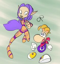  1girls blonde_hair bodysuit cameltoe female ly_(rayman) nude png pointy_ears purple_hair pussy rasenxoru rayman rayman_(series) signature small_breasts tail tattoo 