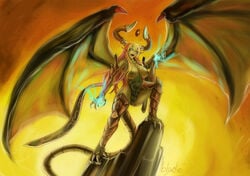  blonde_hair breastless_clothes breastless_clothing breasts breasts_apart claws dragon dragon_girl dragon_wings electricity glowing glowing_eyes green_eyes high_resolution horns long_hair magic_the_gathering monster_girl nicol_bolas nipples personification qblade rule_63 sash scales tail very_long_hair western_dragon wings 