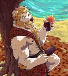  abs anthro autumn basch beard belt biceps black_penis blonde_hair blue_eyes body_hair chest_hair clothing erection facial_hair genitals hair happy_trail hi_res kilt leaf looking_at_viewer male male_only mammal moustache nipples on_one_leg pattern_clothing pecs penis plaid plaid_clothing plant sky solo standing tree ursid 