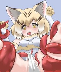 absurdres animal_ears blonde_hair brown_hair cameltoe cat_ears cat_girl commentary elbow_gloves female gloves highres kemono_friends multicolored_hair nuelogical open_mouth panties sand_cat_(kemono_friends) solo tentacle two-tone_hair underwear white_panties yellow_eyes