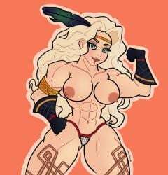  amazon_(dragon&#039;s_crown) blonde_hair dragon&#039;s_crown female flexing gloves green_eyes large_breasts loucha96 muscular muscular_female solo very_long_hair 